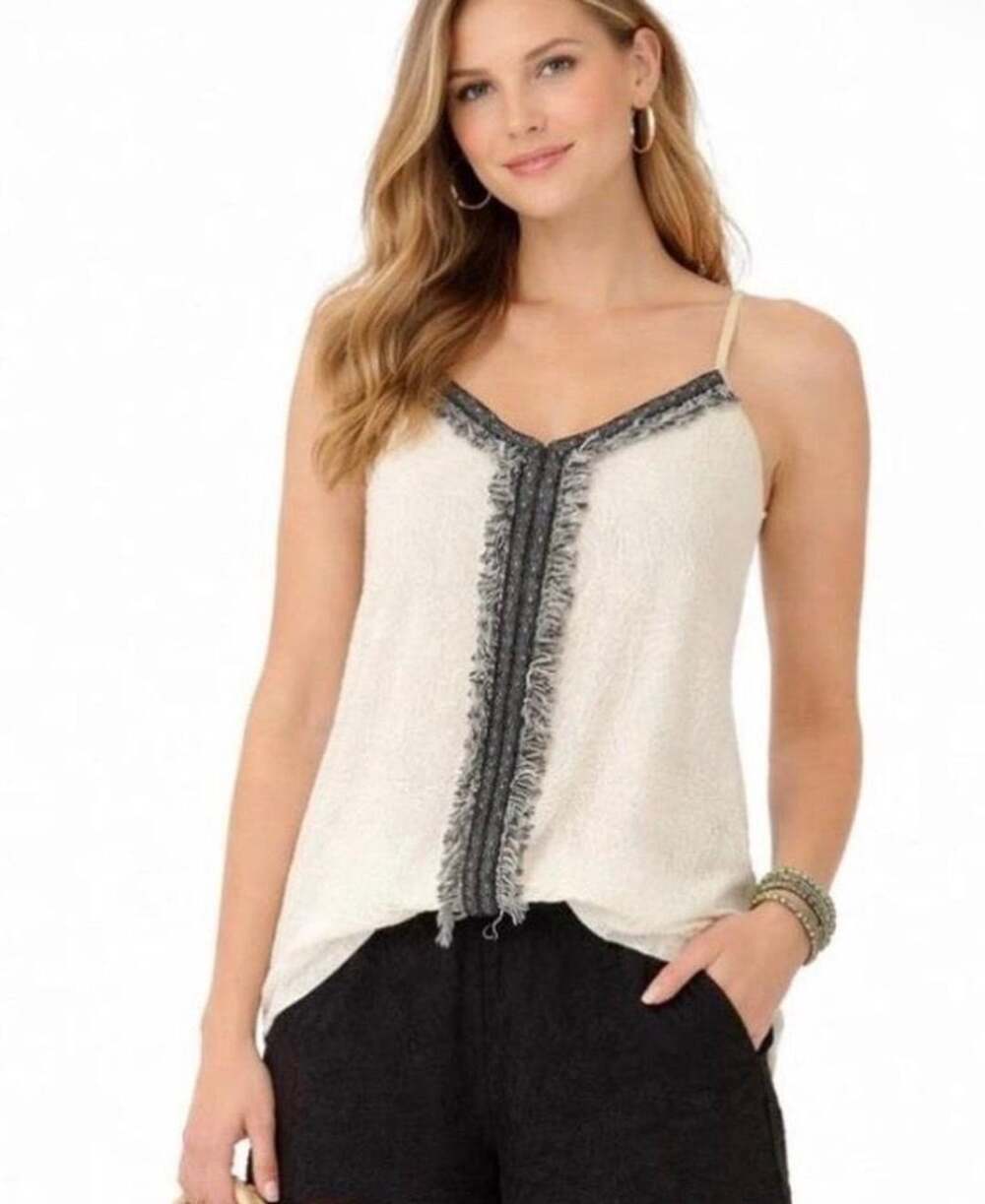 Akemi + Kin Fringed Crossroads Tank Top Small Ivory Black Lace (MSRP $68)